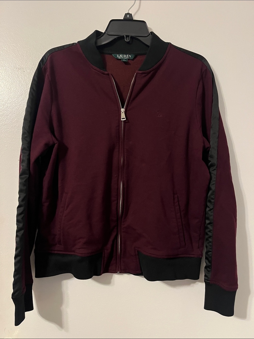 Lauren Ralph L Lauren Maroon Streetwear Bomber Jacket with Black Trim